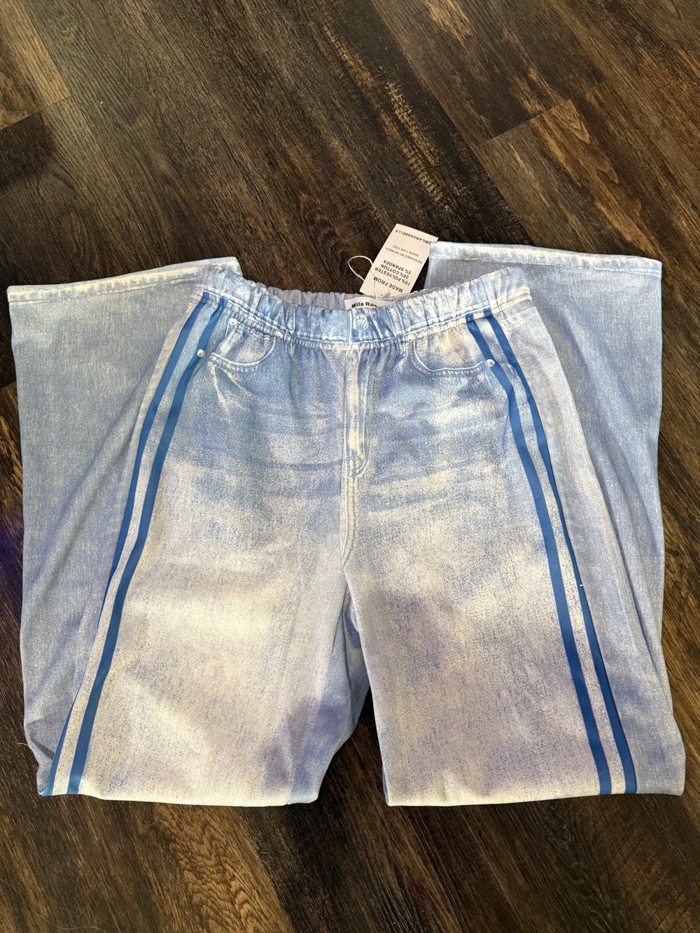 Mila Rosabella Women M Faux Denim Print Wide Leg Track Pants Blue Stripe NWT